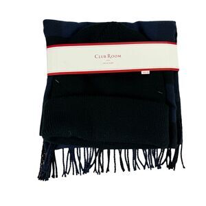 Club Room Mens Knit Plaid Set Beanie & Scarf Set Navy Black OS